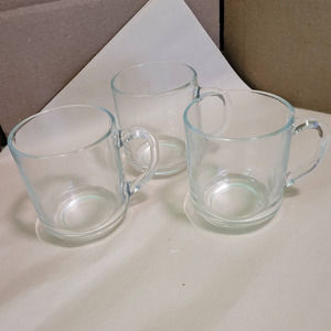 Set of 3 Clear Arcoroc French Coffee Mugs Clear Glass Cups with Handles